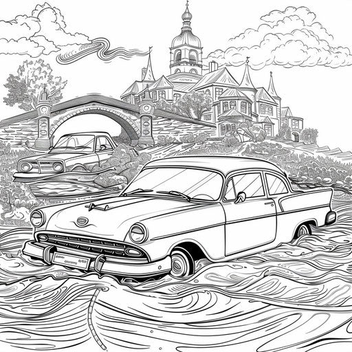 Whimsical scene of a car floating on water like a boat