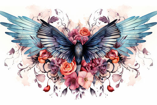 Wing design, ink and watercolor, flowers hand tattoo