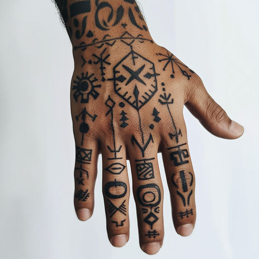 Simple hand tattoos in the style of Ami James with minimalist tribal symbols