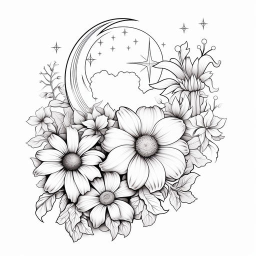 Moon, flower, and stars coloring page in black and white style