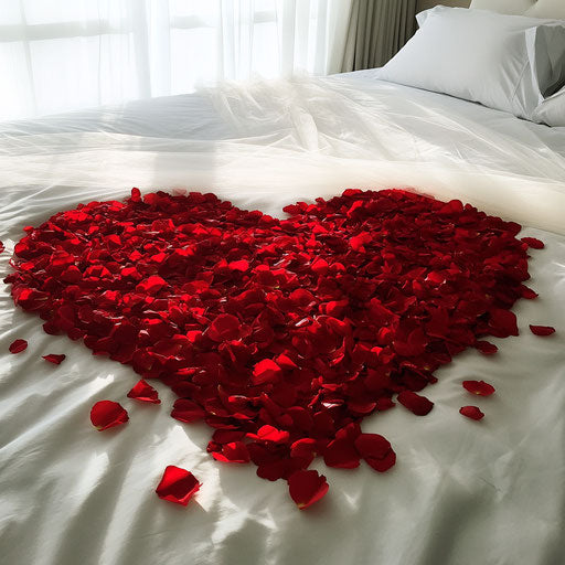 Heart of red rose petals on bed with veil