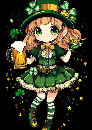 St. Patrick's Day girl with rainbow, pot of gold, and beer in cute kawaii digital art style on black background