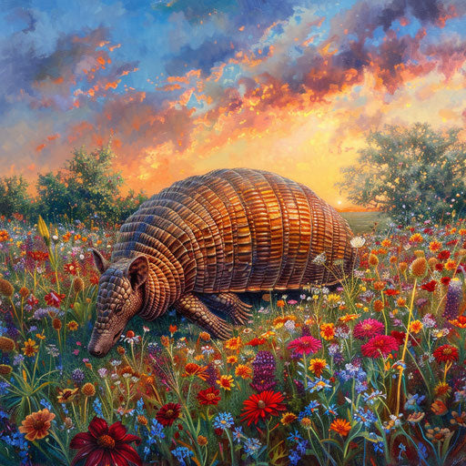 An armadillo probing in a vibrant wildflower meadow at sunrise