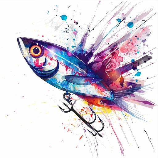 Artistic illustration of a fishing lure with vibrant colors on white background