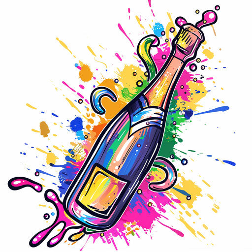 Elegant sketch of a popping champagne bottle in bright festive colors