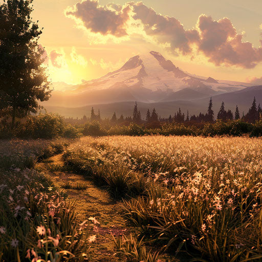 Coke soda field with Mount Hood at sunset