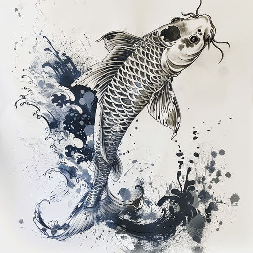 Vivid Japanese Koi Fish Tattoo Art, Black Ink, on a White Canvas