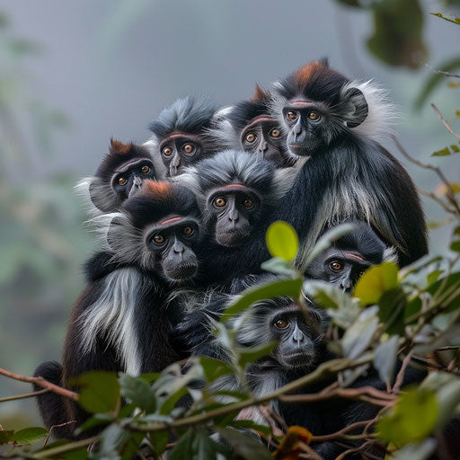 Zanzibar red colobus monkeys huddled for warmth