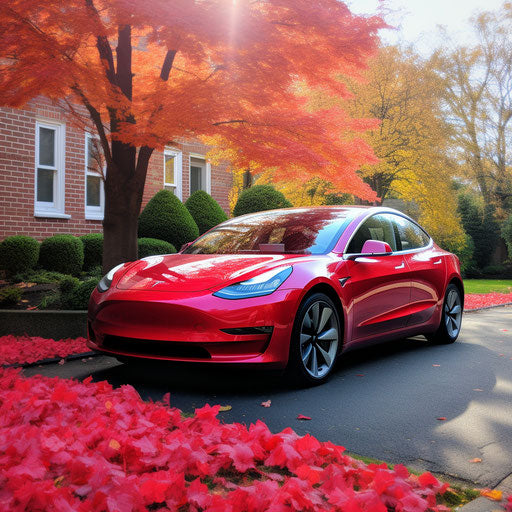 Bright cherry red Tesla model 3