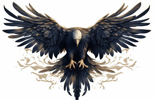 Black eagle tattoo on white background, dark beige and navy style
