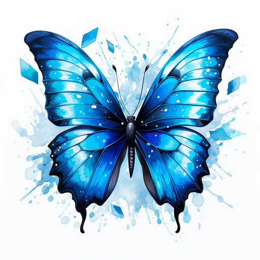 Blue butterfly in the style of Chiaroscuro Art, on white background