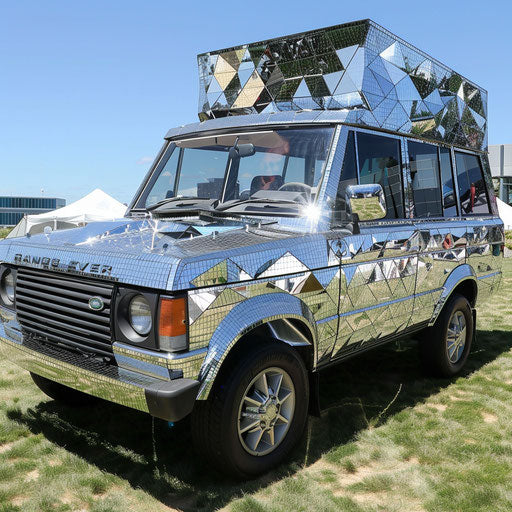 Reflective 1980 Range Rover art car at modern art festival
