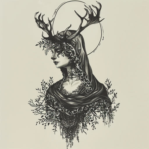 Flat tattoo sketch of Artemis with a detailed, lace-like pattern forming her hunting cloak