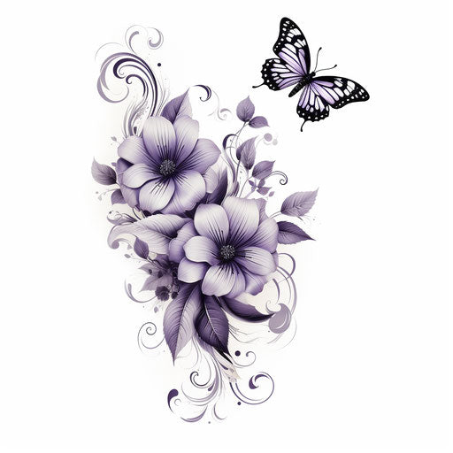 Flowers and butterflies in black and white, tattoo-inspired art, silver and light purple