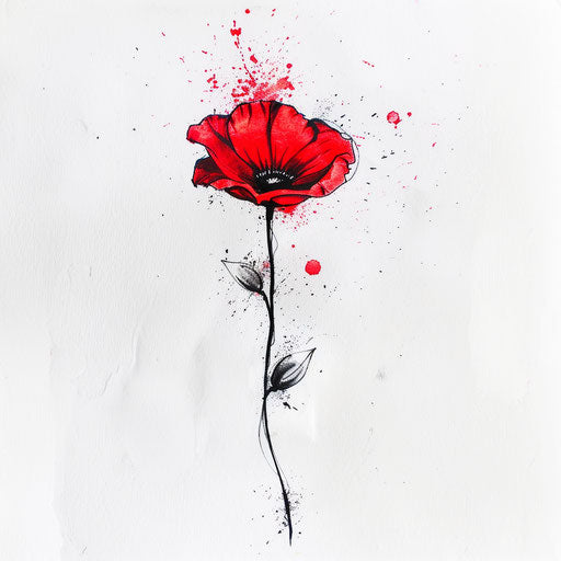 Minimalist poppy tattoo concept with clean lines and red splash