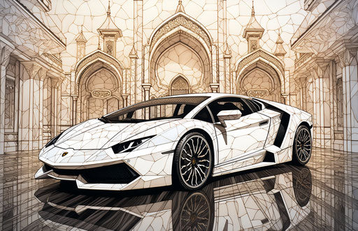 White car with large umbrella, meticulous inking style