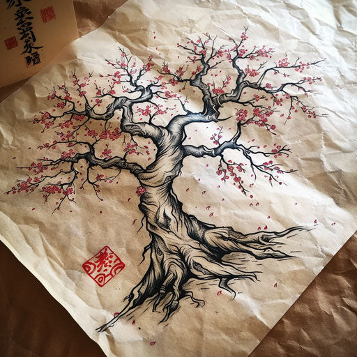 Japanese style tree of life tattoo with cherry blossoms