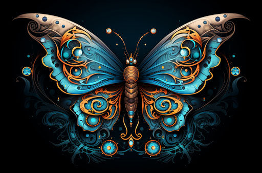 Tattooed butterfly: masks and totems style, light cyan and dark bronze