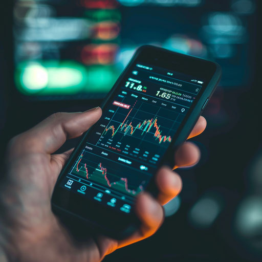 Hand holding smartphone with stock trading app