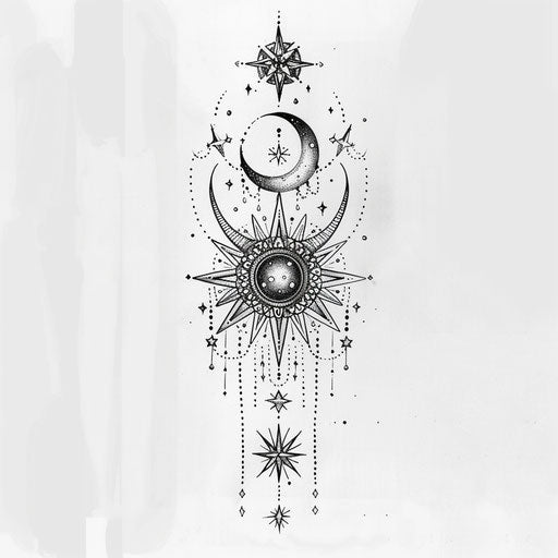 Artistic flat tattoo with celestial theme, stars and moons