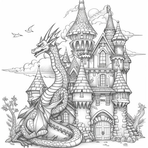Whimsical dragon curled around a castle turret