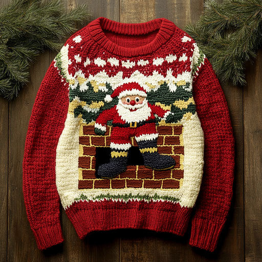 Retro ugly sweater with 3D Santa stuck in a chimney