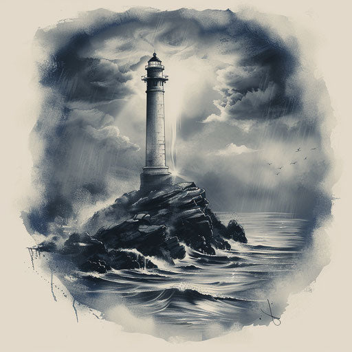 Seascape with lighthouse in fog, clipart style