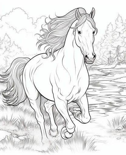 Adult coloring page horse running printable, pictorial 25:31