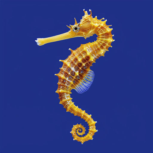 Realistic seahorse clipart shines on royal blue background