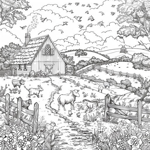 Charming farmhouse with barn and animals, coloring page