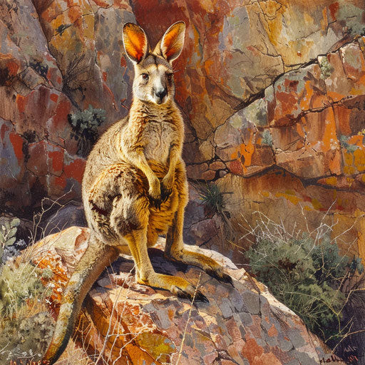 Black-flanked rock in sunny canyon with yellow-footed wallaby