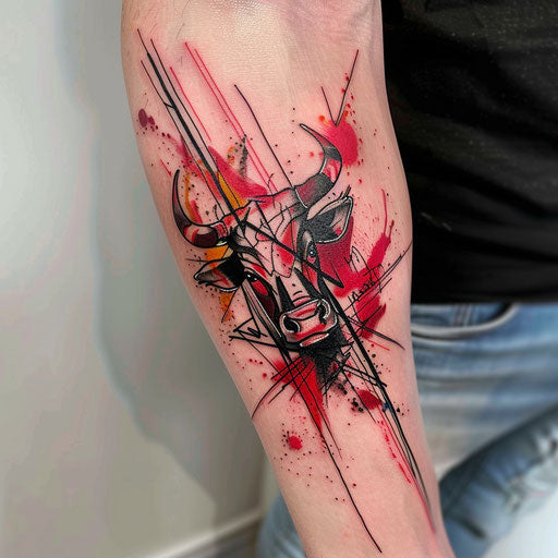 Expressive abstract bull tattoo on white canvas