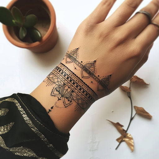 Flat tattoo sketch of a wrist band with intricate mandala patterns