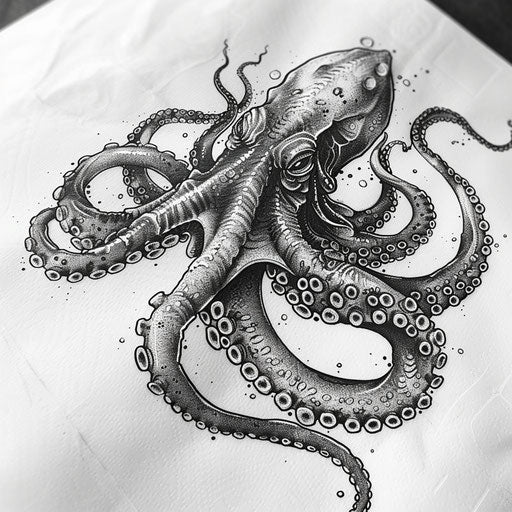 Blackwork kraken tattoo design, emphasizing strong black fill and negative space, elegantly placed on a white background.