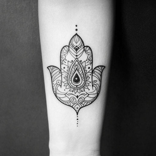 Minimalist hamsa hand tattoo on pure white background