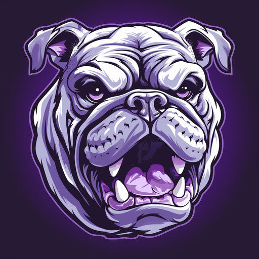 Bulldog head on white background, dark silver and light purple style