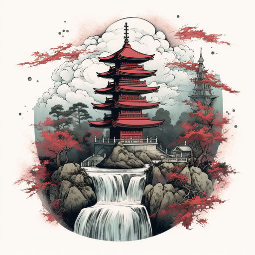 Pagoda and waterfall in an oriental style art print