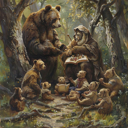 Gathering of bears listening to ancient stories