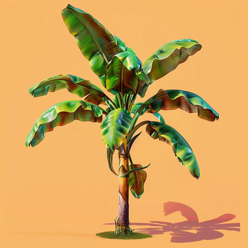 Realistic banana tree on flat sunset orange background