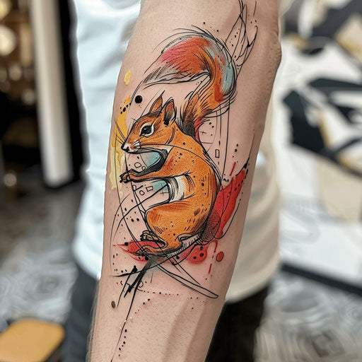 Dynamic sketch of a squirrel leaping with abstract color splashes