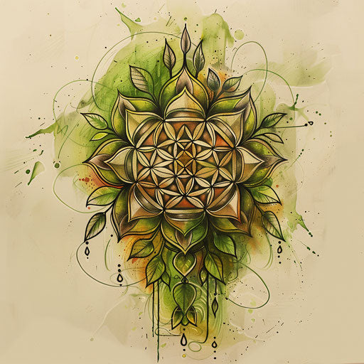Organic tattoo sketch of the Flower of Life, green and earth tones