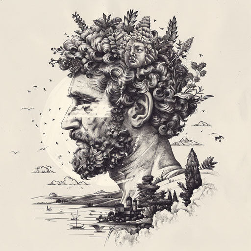 Nature-inspired flat tattoo sketch with Roman countryside elements