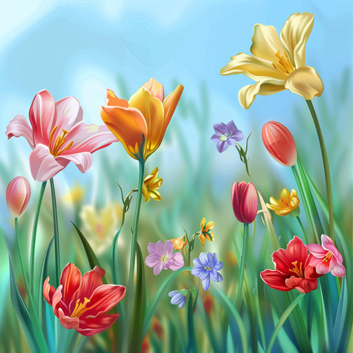 Spring illustration in realistic style with random flat background