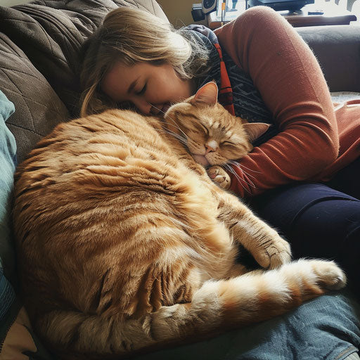 Fat cat asleep on a couch with its owner