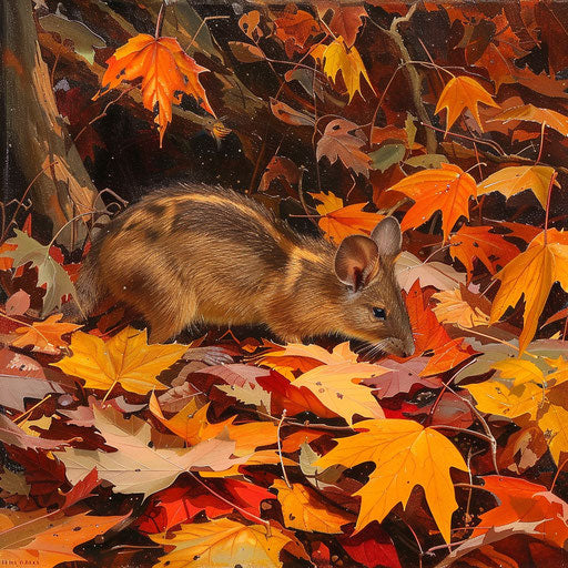 Vibrant autumn picture in an Australian bushland with a northern brown bandicoot among fallen leaves.