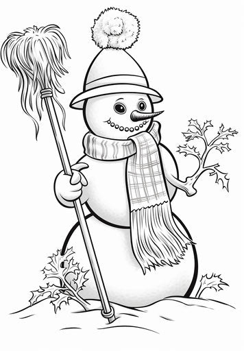 Snowman with broom winter coloring page, animated gifs style ornate