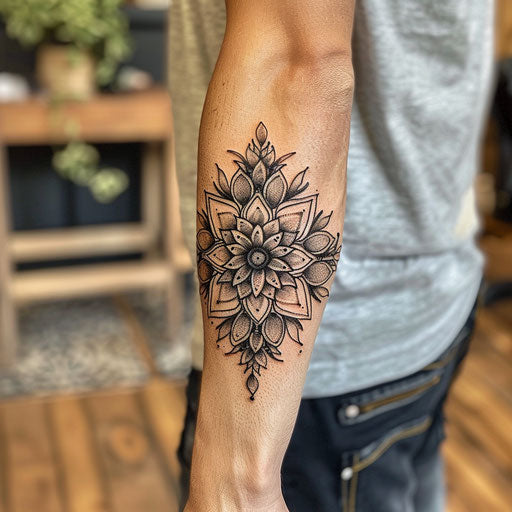Men's forearm floral mandala tattoo