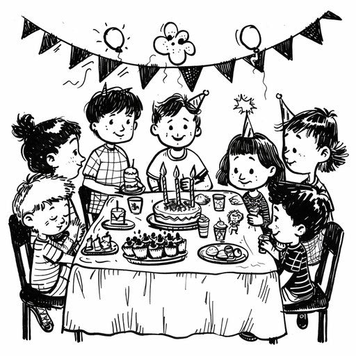 Children's birthday party potluck in black and white with games and treats