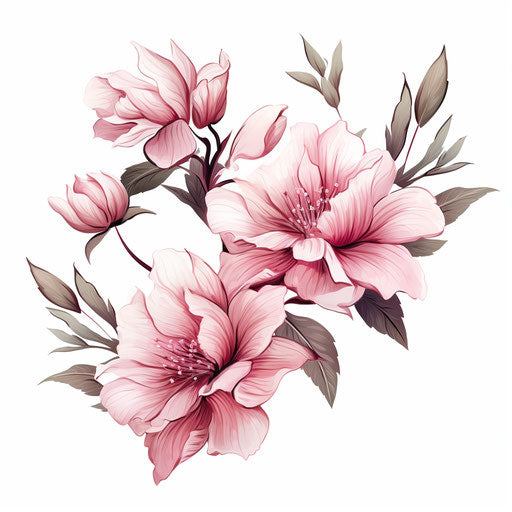 Pink floral illustration in the style of Chiaroscuro Art, white background