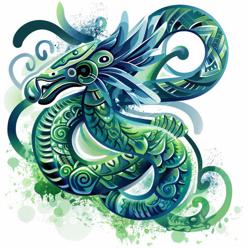 Dynamic Mayan serpent in green and blue shades on white